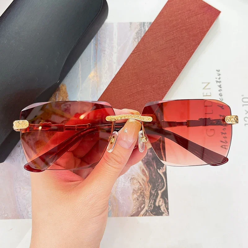 

France Style 0613S Square Diamond Cut Rimless Designer Sunglasses Men and Ladies Outdoor Uv400 Fashion Eyeglasses with Case