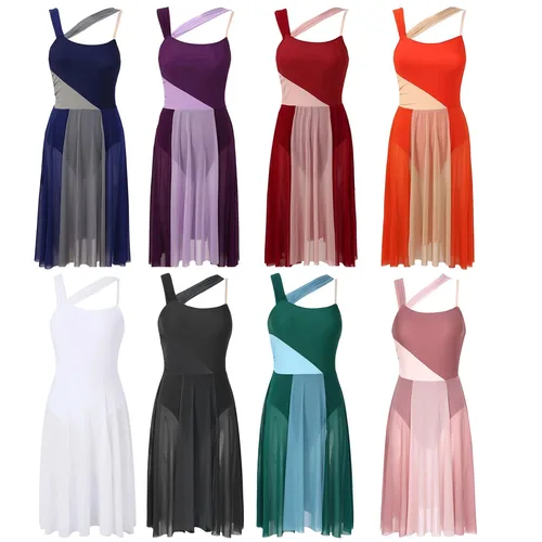 Imagen 2 del producto Leotardo de gimnasia para mujer, Ropa de baile de Ballet, vestido de patinaje artístico sin mangas, bloque de Color, trajes de actuación lírica contemporáneos