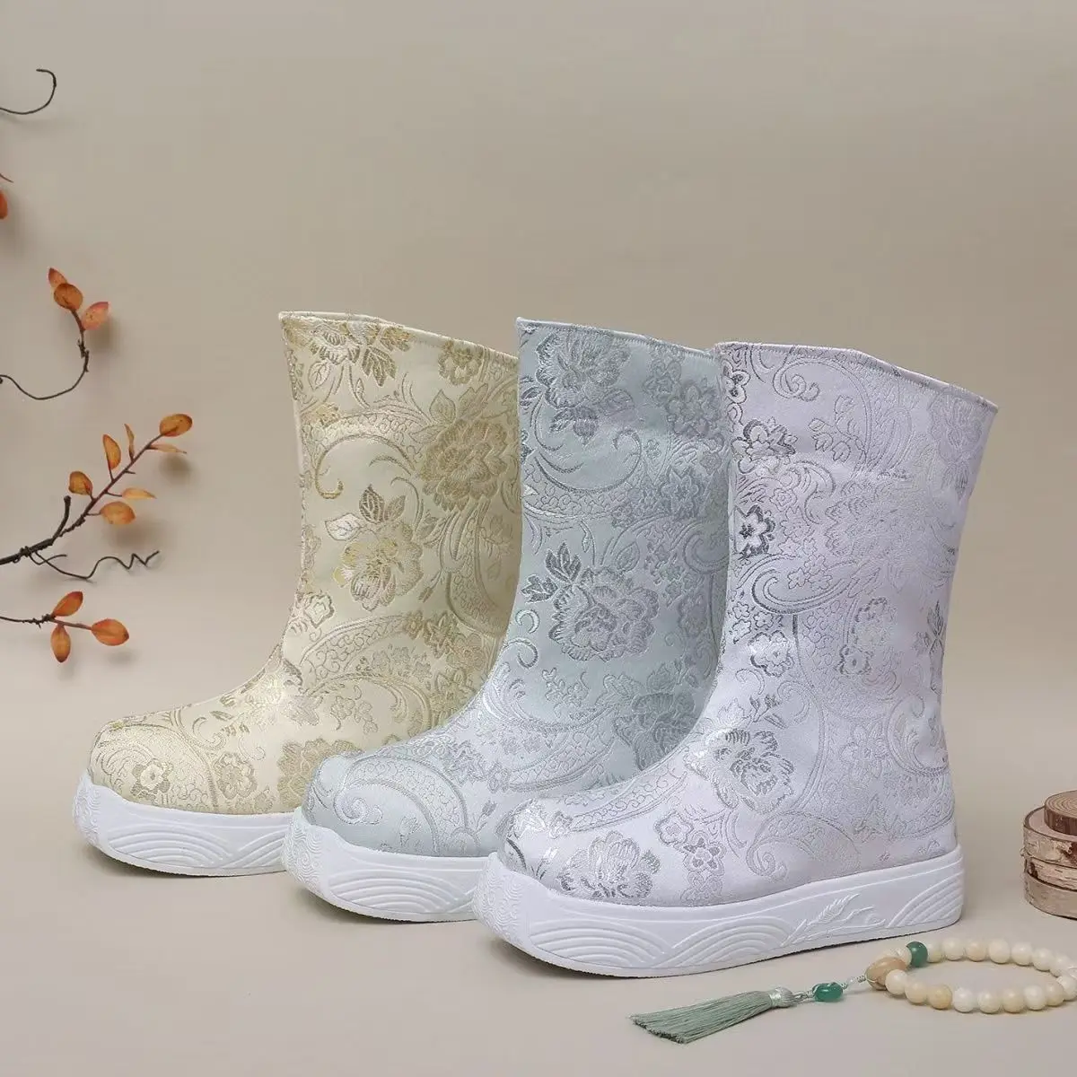 

Men Chinese Style Big Size Silk Hanfu Boots Unisex Thick Sole High Top Round Toe Slip On Stage Performance Boots Nude Boots
