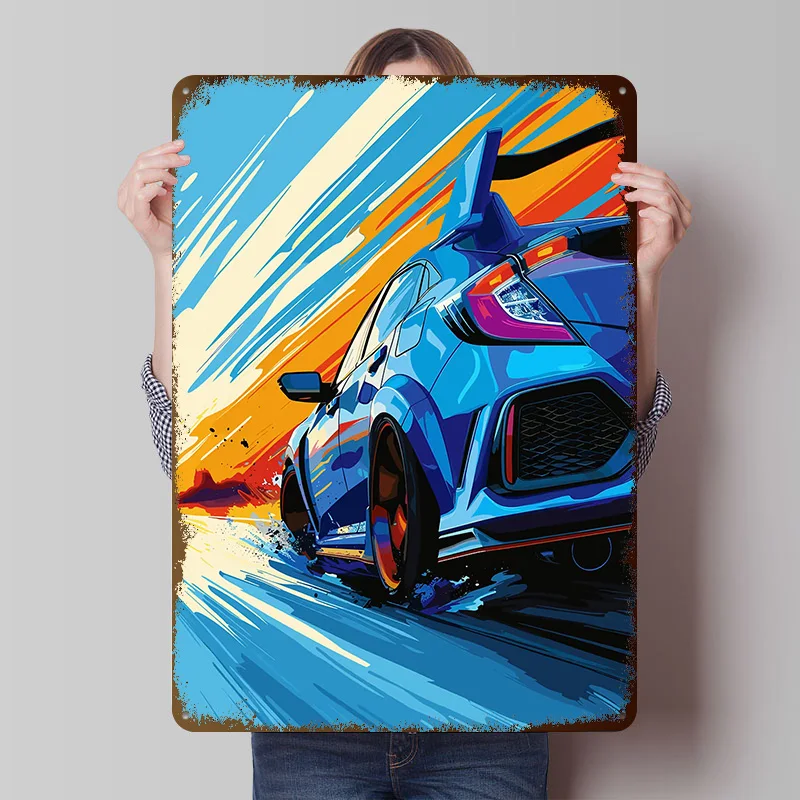 Blue Sports Car Civic Type R Poster Customized Wall Art Vintage Metal Signs Retro Tin Plaque for Man Cave Gaming Decoration Room