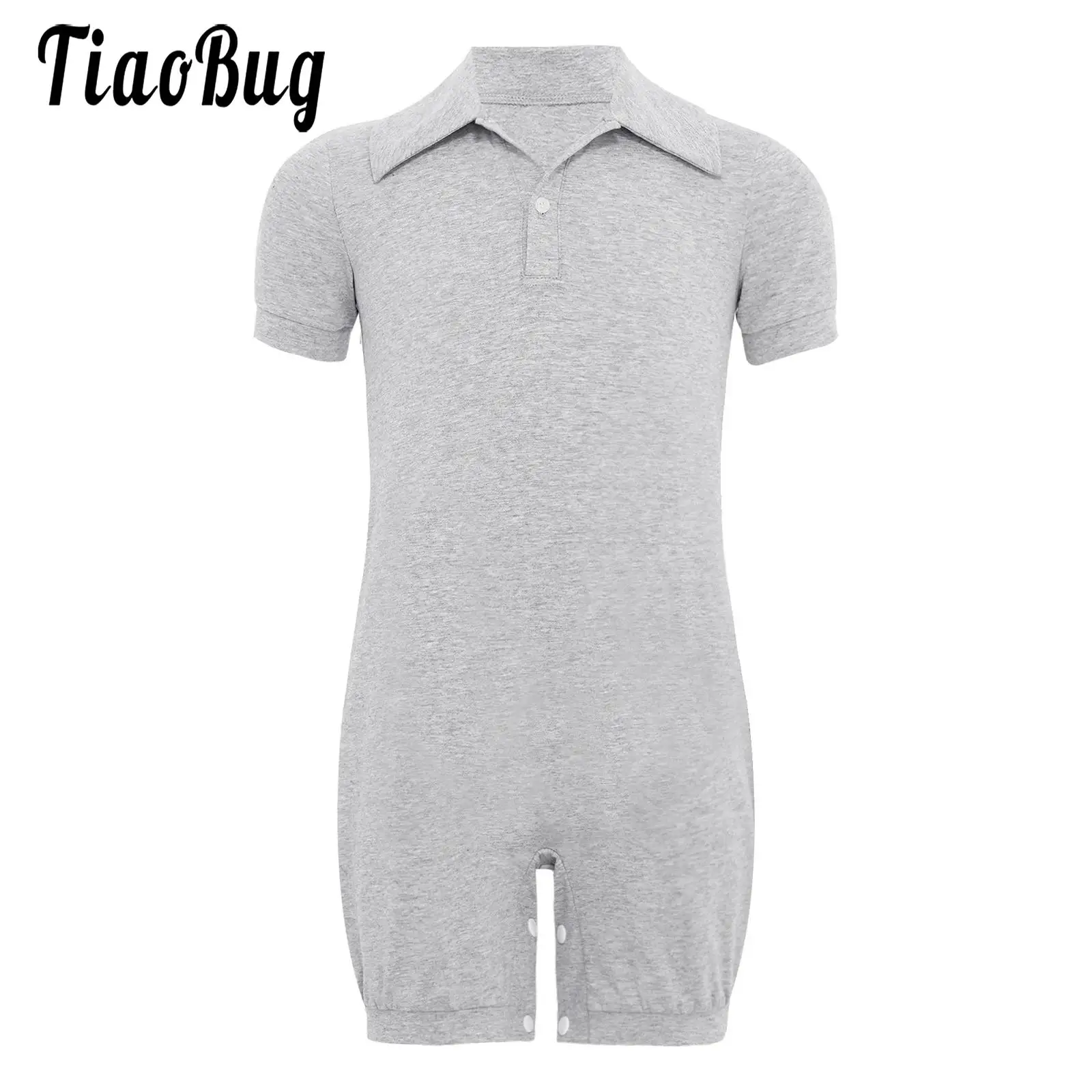 

Kids Boys Girls Special Needs Adaptive Clothing Turn-Down Collar Short Sleeve Press Buttons Crotch Jumpsuit Solid Color Rompers