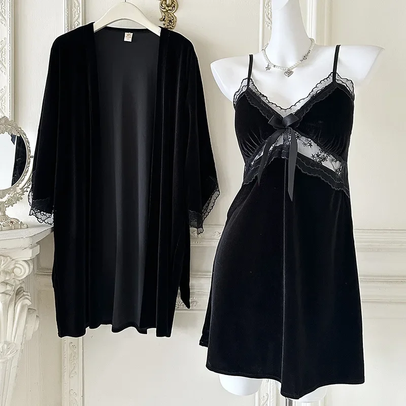 2Pcs Spaghetti Strap Sleepwear Warm Velour Robe Suit Nightgown Sexy Home Dress Nightwear Autumn Winter Pajamas Suit 3