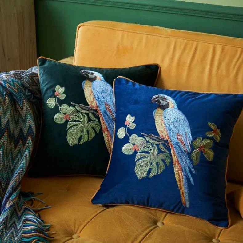 American Decorative Pillowcase Animal Parrot Leopard Embroidered Pillow Case Ornamental Pillows Blue Green Velvet Pillow Cover