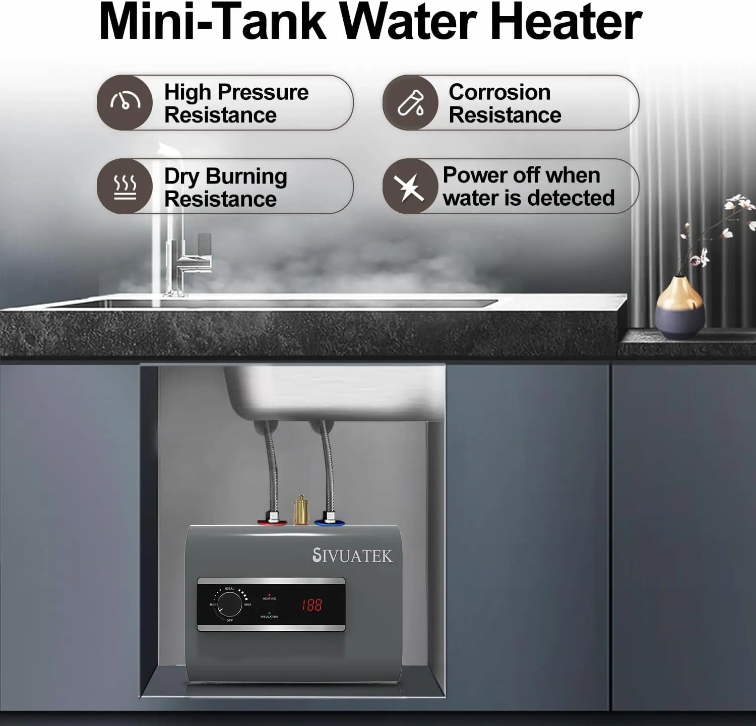 2.5 Gallon Mini-Tank Electric Water Heater, 1440W 120V Under Sink Unit | LED Temperature Display, Wall & Floor Mount; Compact Un