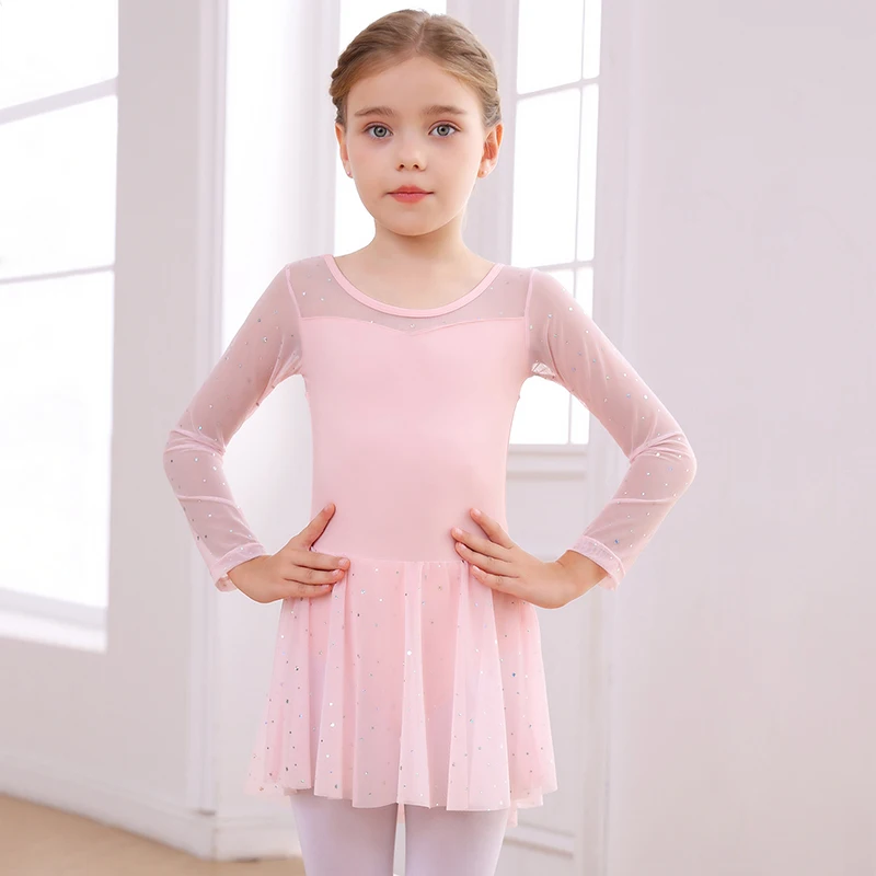

Girls Ballet Leotard Dress Long Sleeve Mesh Glitter Dance Costume for Kids Toddler Gymnastics Practice Performance Outfit Pink