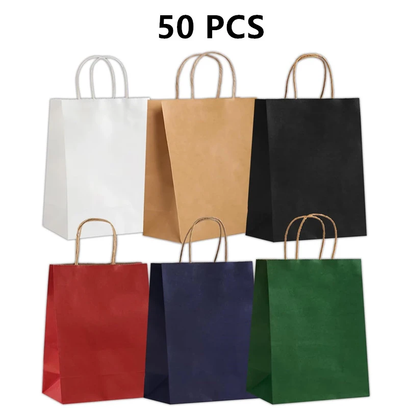 

50pcs Kraft Paper Holiday Party Gift Bag with Handle Jewelry Packaging Shopping Bag Christmas Valentine's Day Marriage Colored