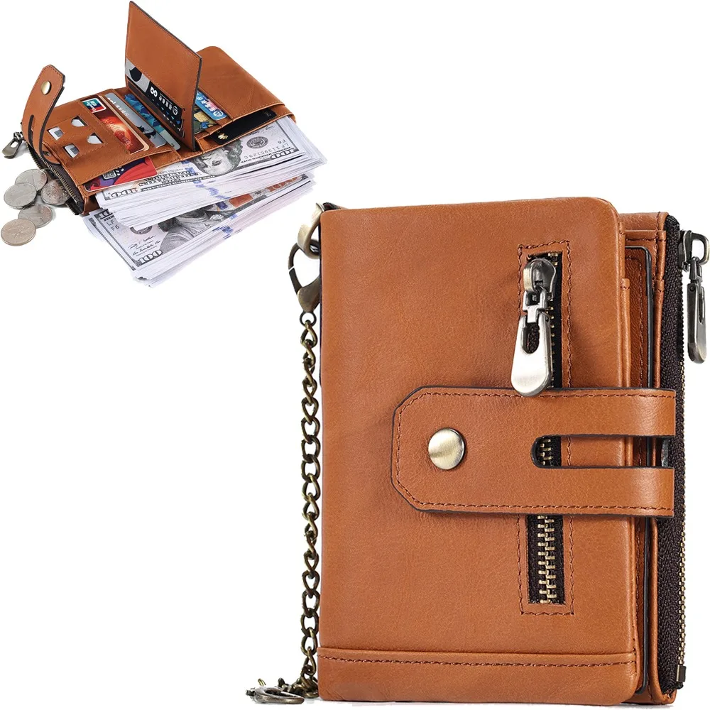 

Mens Wallet Cowhide Genuine Leather with Chain Zipper Coin Pocke Multiple Card Slots Purse Mini Fashion 힙색 сумка мужская cartera