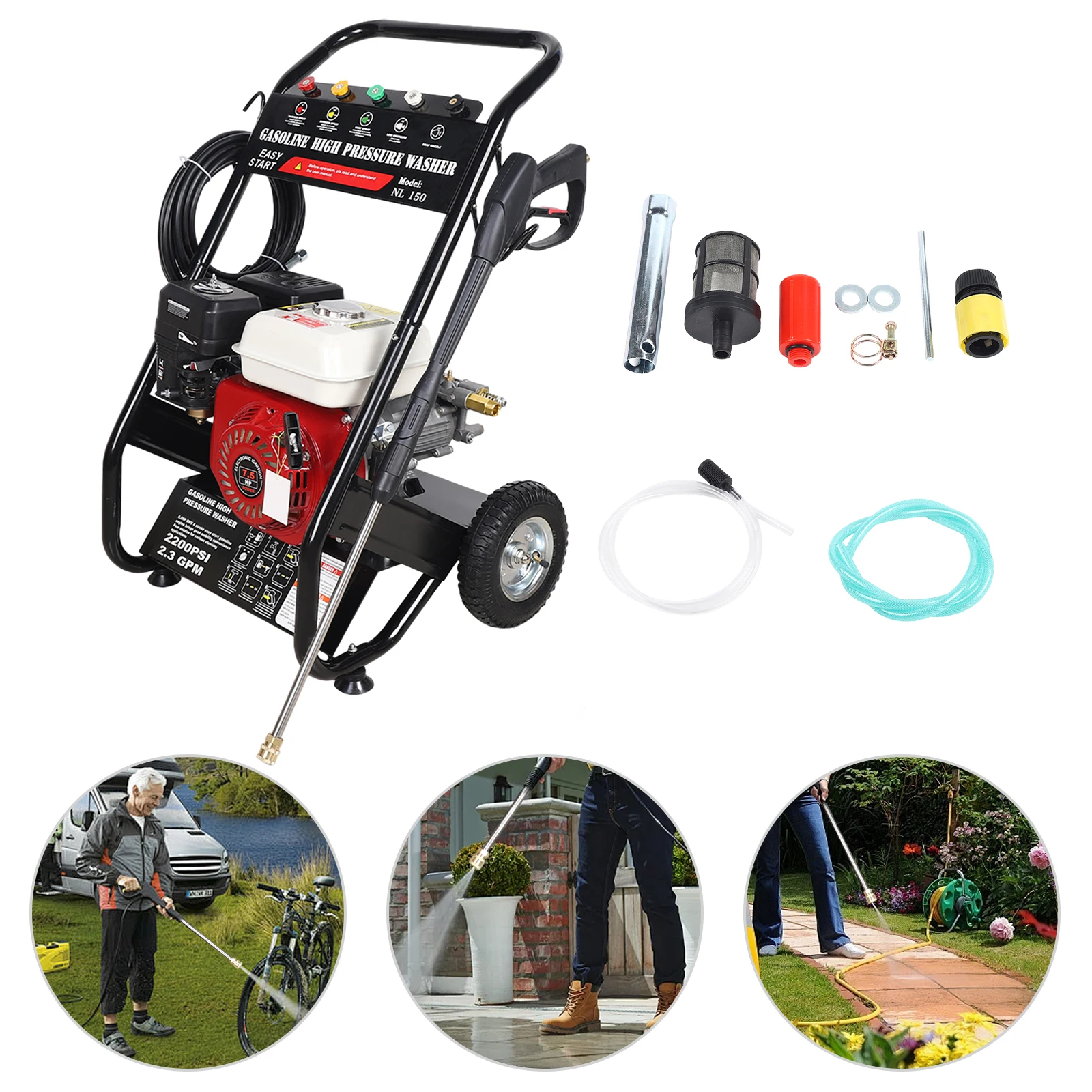 Power Equipment Petrol Pressure Washer, Patio Cleaner High Pressure Gun 7.5HP Four Stroke Engine 5Nozzle Attachments 8m Hose