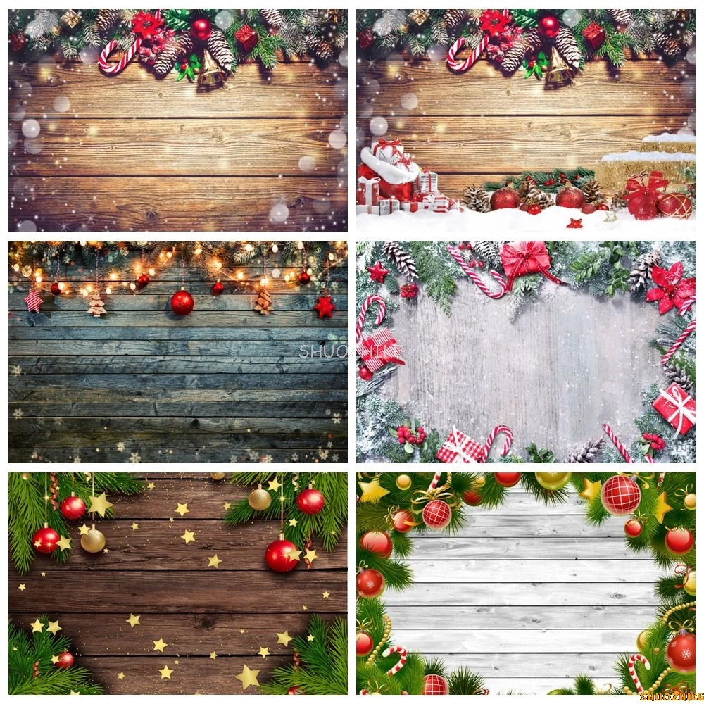 Christmas Wood Backdrop Glitter Lights Red Jingle Bell Holly leaves Xmas Party Kids Portrait Photography Background Decor Banner