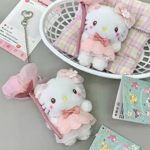 Exquisite Bow Hello Kitty Plush Doll Diy Bag Pendant Cartoon Cute Hello Kitty Doll Key Chain Backpack Decoration Accessories