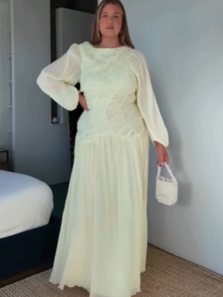 

Solid Elegant Ruffle Patchwork Dress O Collar Long Sleeves Slim Fit Elastic High Waist Women Robe 2025 Lady Party Evening Gown