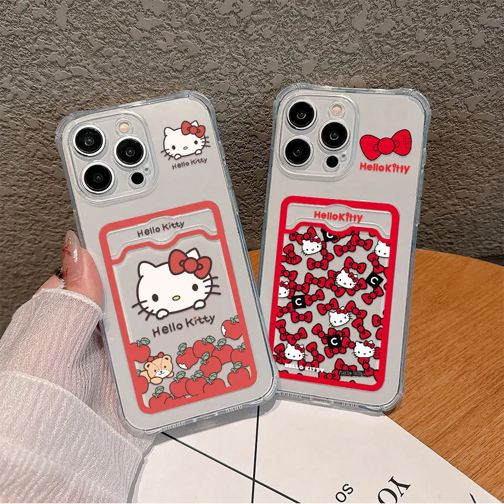 Cartoon Hello Kitty Hot New Red Card Hold Case For iPhone 15 14 13 12 11 Mini Pro Max X XR XSMax 7 8 Plus Anti-fall Clear Cover