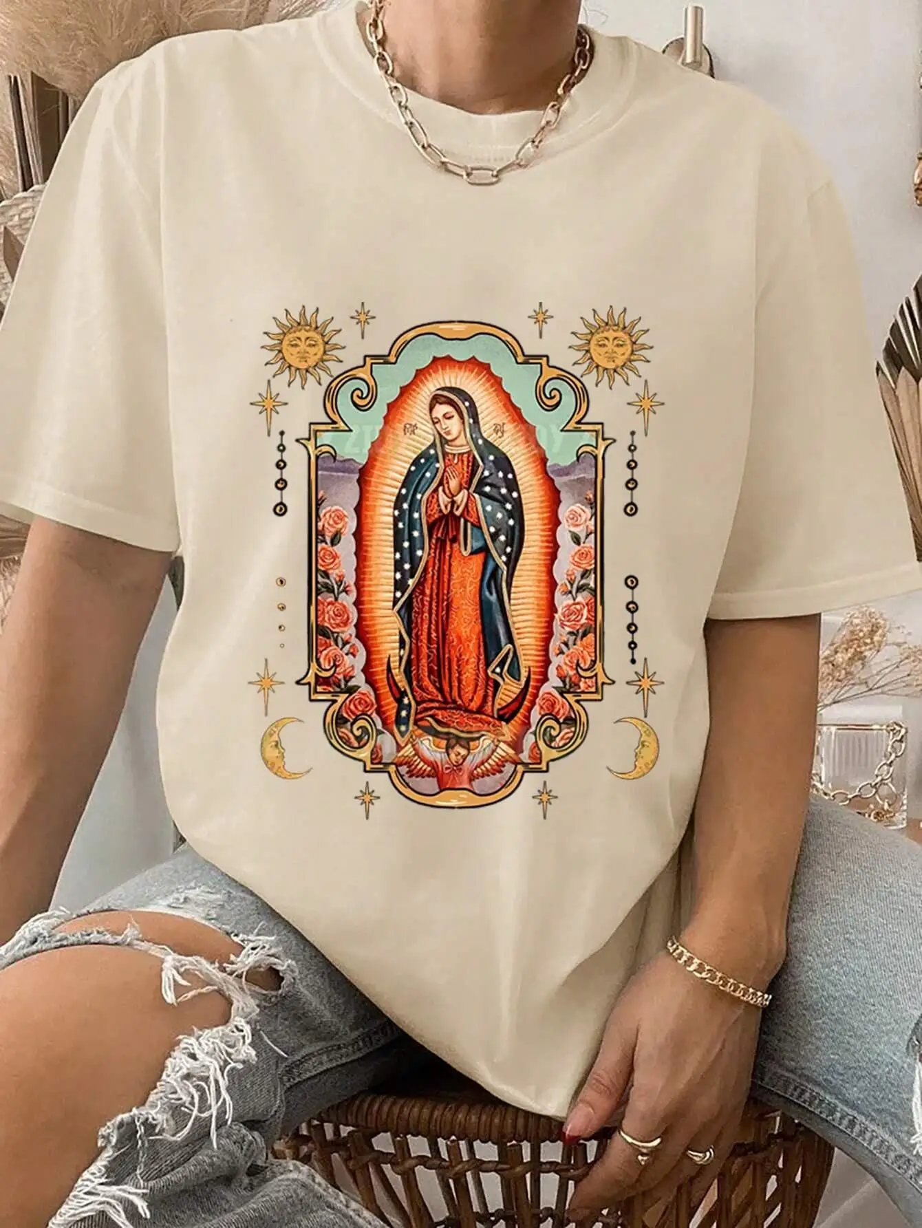 100% Cotton Women T-shirt Our Lady Of Guadalupe Printed Tee Shirt Summer Comfortable Loose Tops Street Fashion Female Clothes