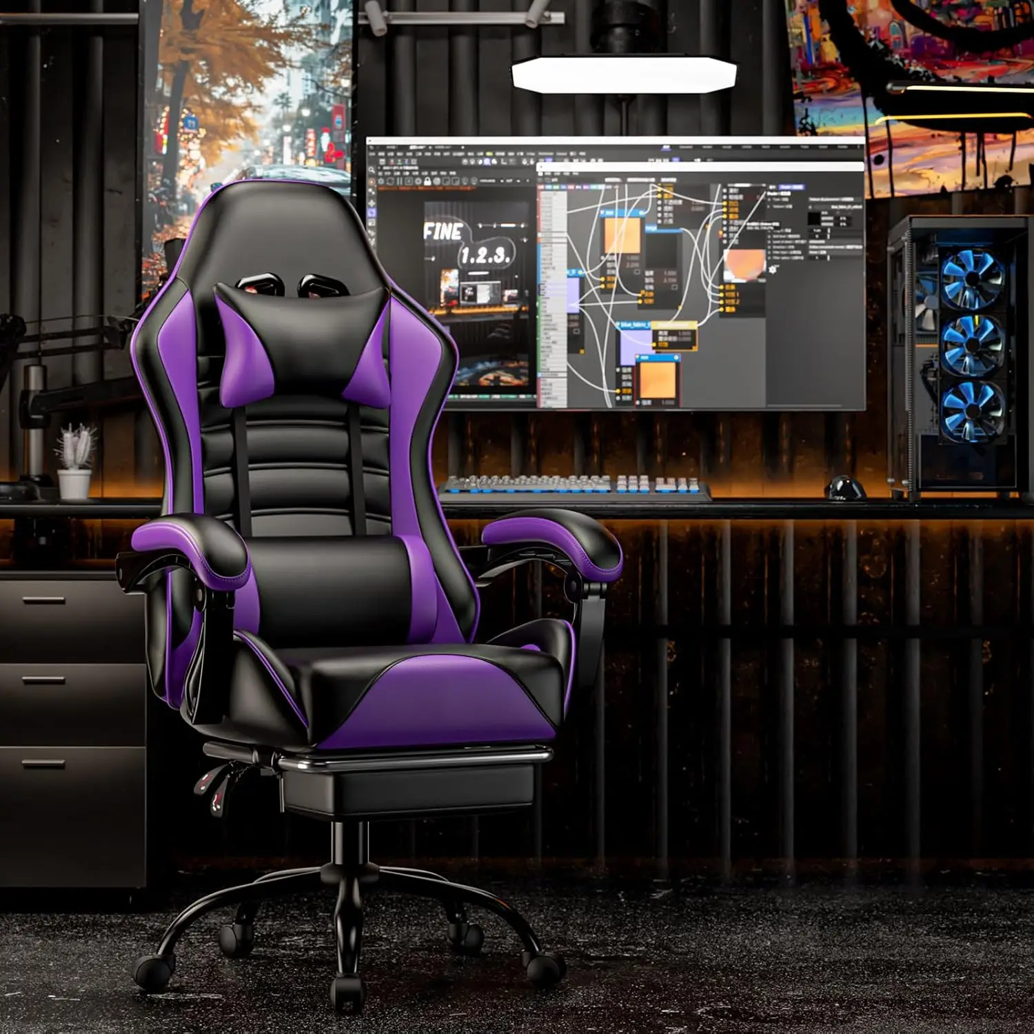 Silla para juegos, silla para computadora con reposapiés y soporte lumbar, silla ergonómica para videojuegos con reposacabezas, color morado