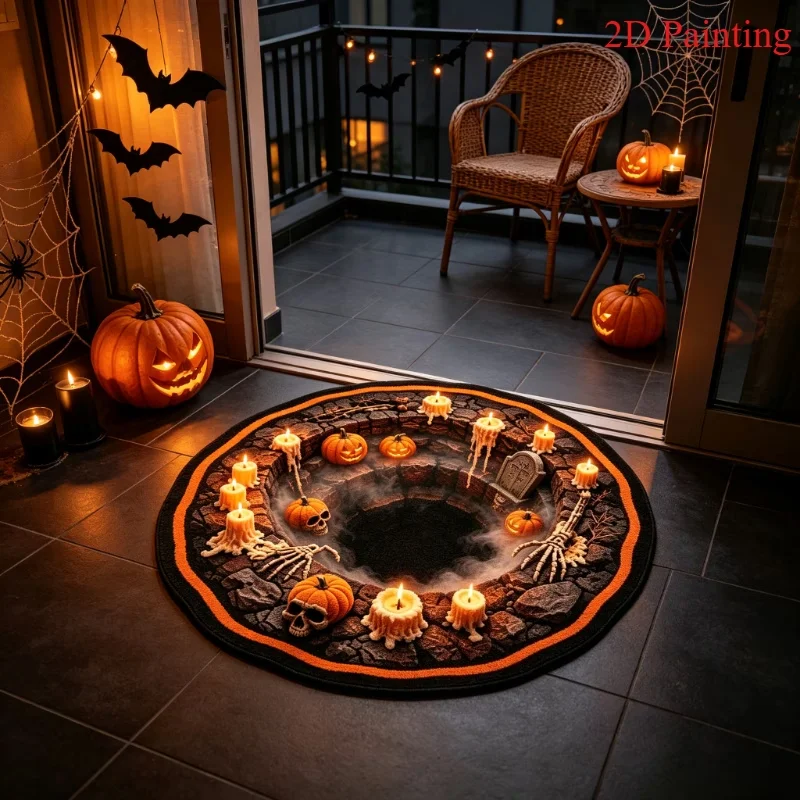Halloween 3D Visual Effect Round Rug Flat Carpet Holiday Party Decoration Photo Background Prop Haunted House Theme Room Rug
