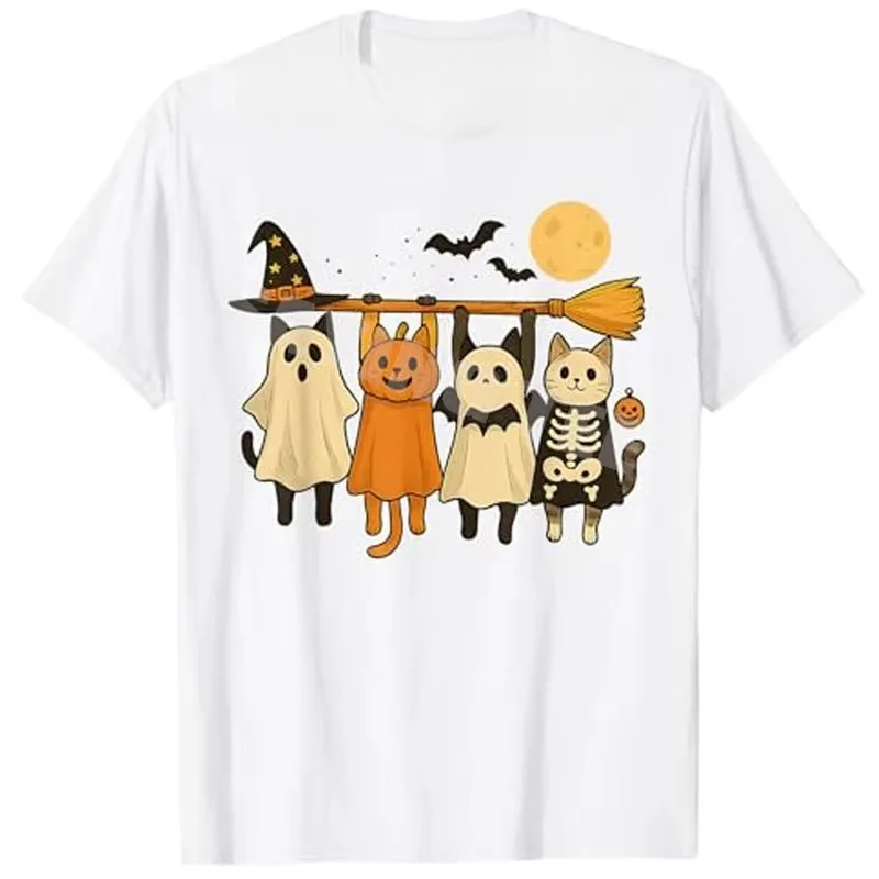 

Cute Halloween Cat Ghost Pumpkin Skeleton T-Shirt Spooky Season Novelty Gift Humor Funny Kitty Y2k Graphic Outfit Saying Tee Top