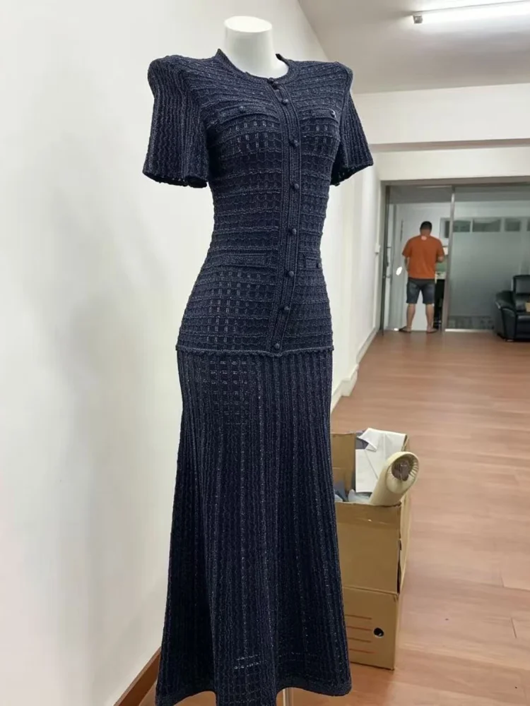 

Sequins Knitted Slim Fit Maxi Dress For Women Short Sleeve Pleated Hem Long Robes Luxury Vestidos 2026 New Lady Streetwears