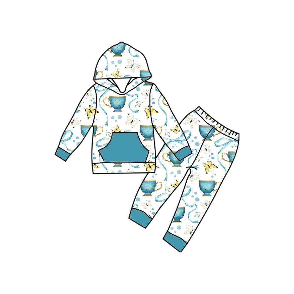 

Kids Hooded Tracksuit Set Cup & Butterfly Print Ruffled Trim Pocket Boys And Girls Two Piece Outfit Custom