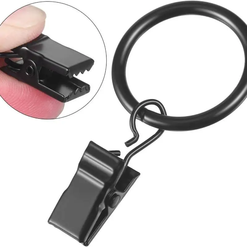 12 Stück Vorhangringe mit Clips, Metall-Vorhanghaken, schwarze Vorhangclips mit Ringen, Vorhangzubehör – Detail 3