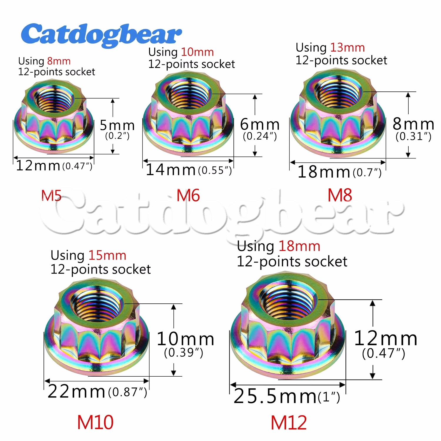 Catdogbear 4PCS Titanium Nuts Double Hex Flange 12 Point Nut M5 M6 M8 M10 M12 Flange Nut For Motorcycle Modification