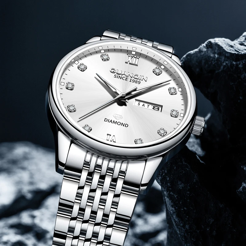 GUANQIN Luxury Men Quartz Watch Stainless Steel Alloy Case Dual-Language Date Business Leisure 30M Waterproof Luminous Watches