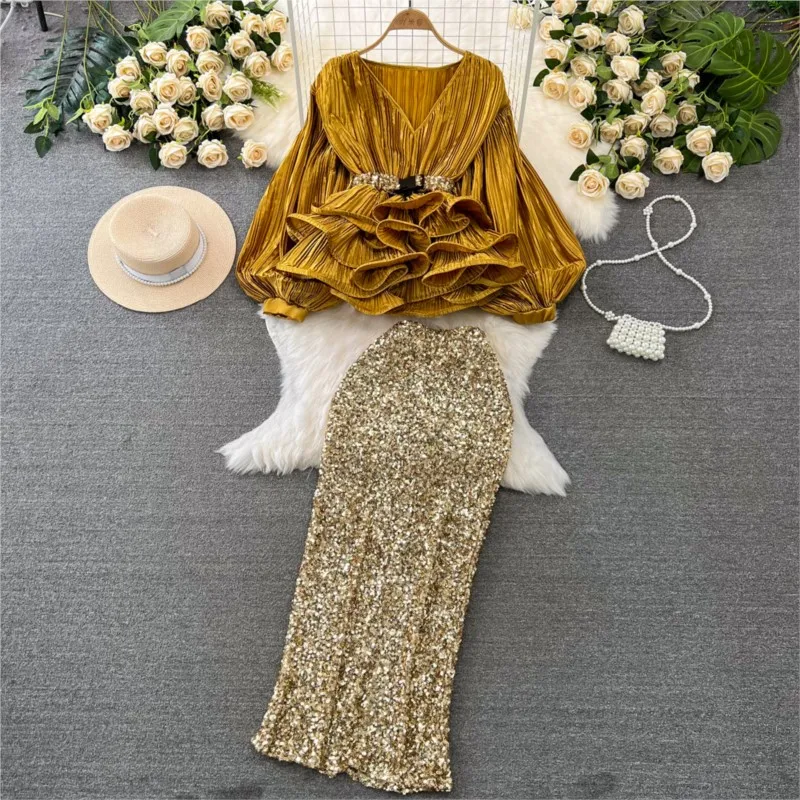

Fashion Two-Piece Sets Women Lantern Sleeve V-neck Ruffles Tops High Waist Bodycon Sequined Skirt Outfits Elegant Korean Sets