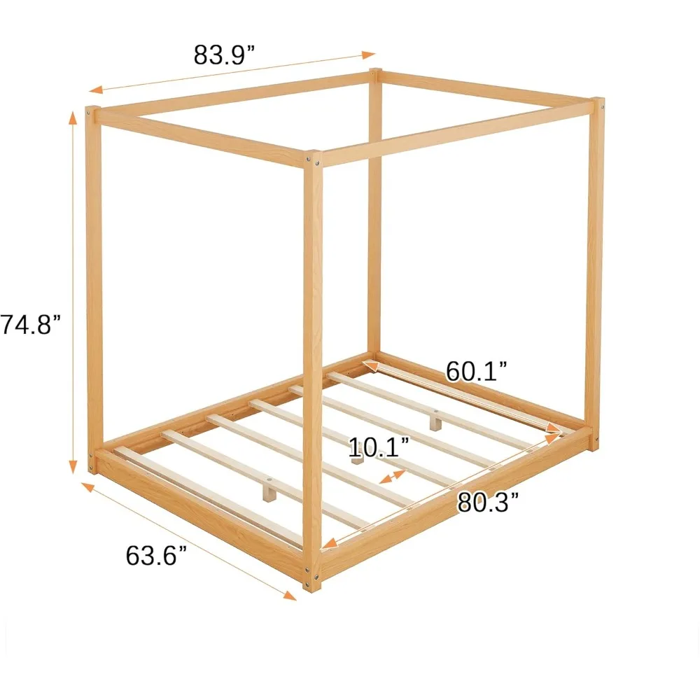 سرير بمظلة على الأرض، إطار سرير بمنصة مظلة مكونة من 4 أعمدة مع أرجل داعمة، إطار سرير كوين من الخشب الصلب للأطفال والمراهقين والكبار #2