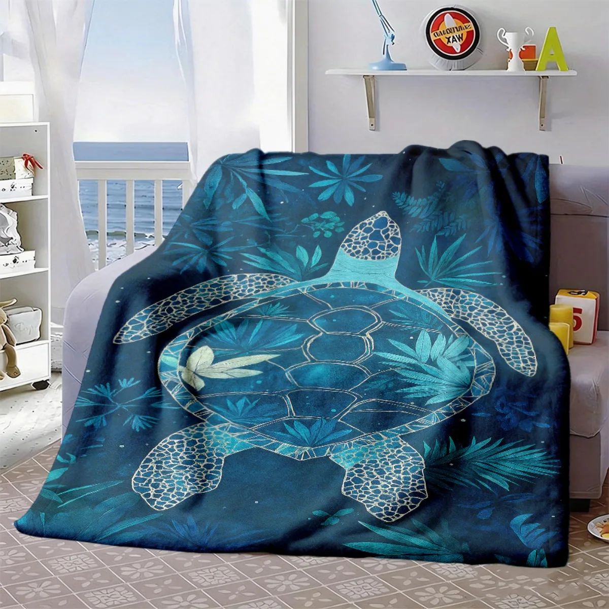 Ocean Tribal Sea Turtle Flannel Blanket, Tropical Underwater Plant Art Throw for Living Room Bedroom & Warm Holiday Gift Picks