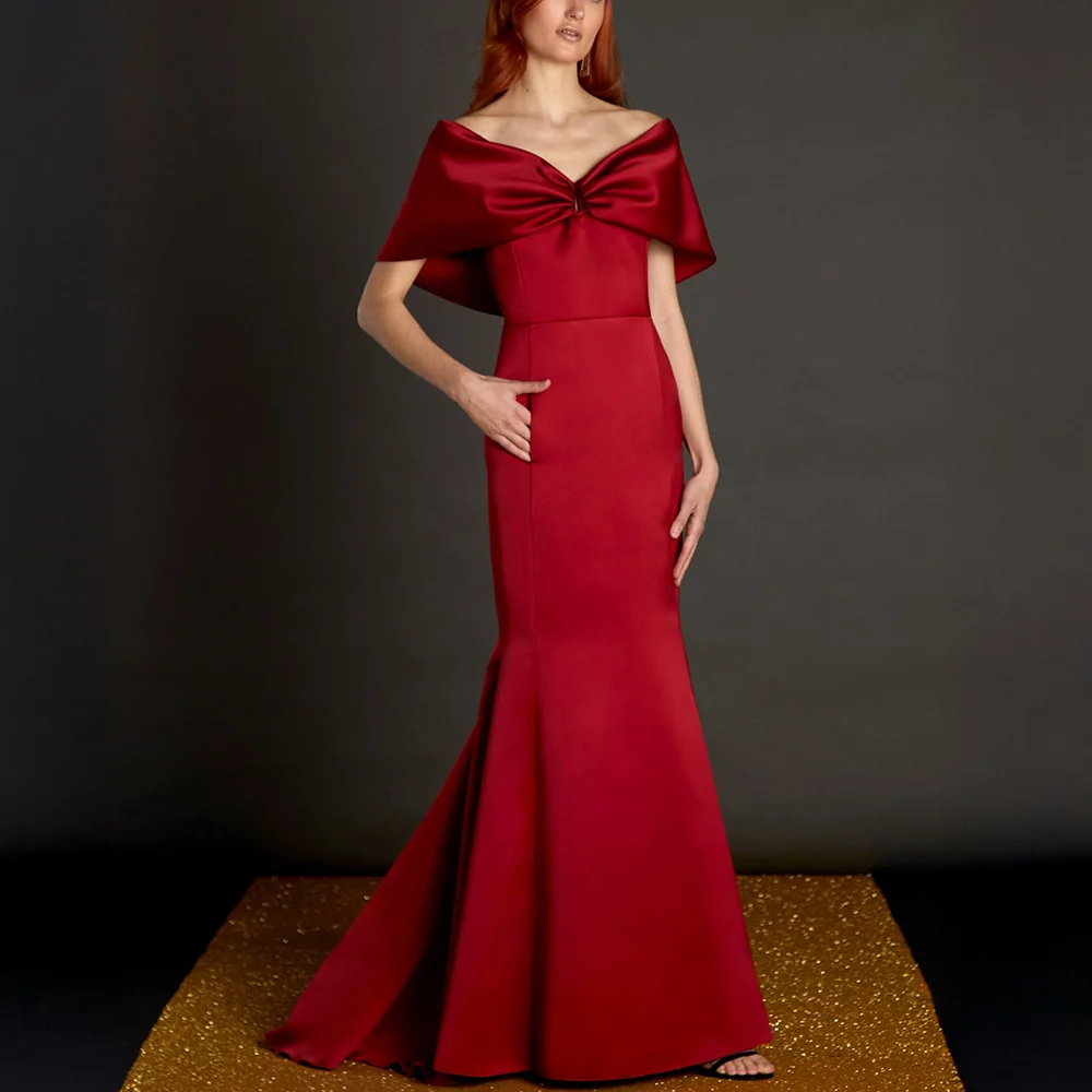 

Elegant Wedding Guest Dress Long V Neck Off the Shoulder Cap Mermaid Evening Gowns Pockets Trumpet Mother of the Bride Dresses