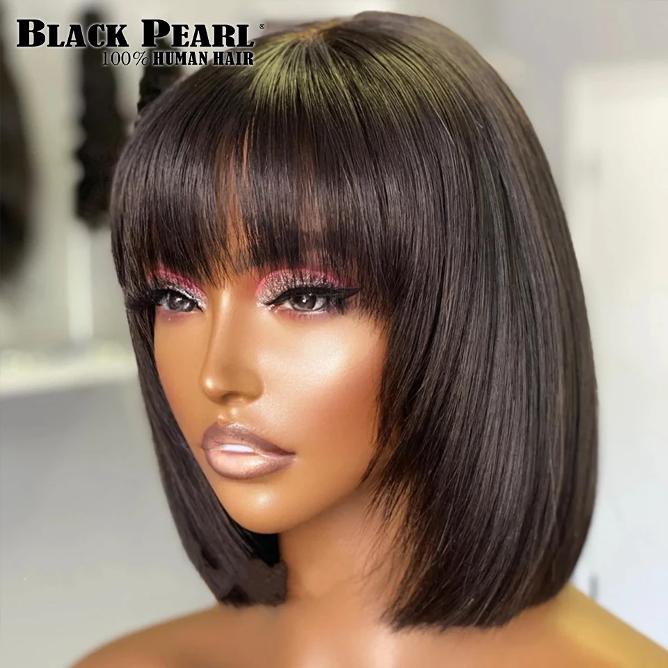 

Straight Human Hair Wigs With Bangs 180 % Density Brazilian Human Hair Wigs for Women Machine Made Bob Wigs Brazilian Remy Hair