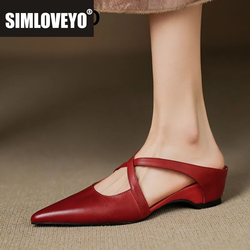 

SIMLOVEYO New Vintage Genuine Leather Women Sandals Pointed Toe Increased Heels 3.5cm Slip On Mules Fashion Dating Female Shoes