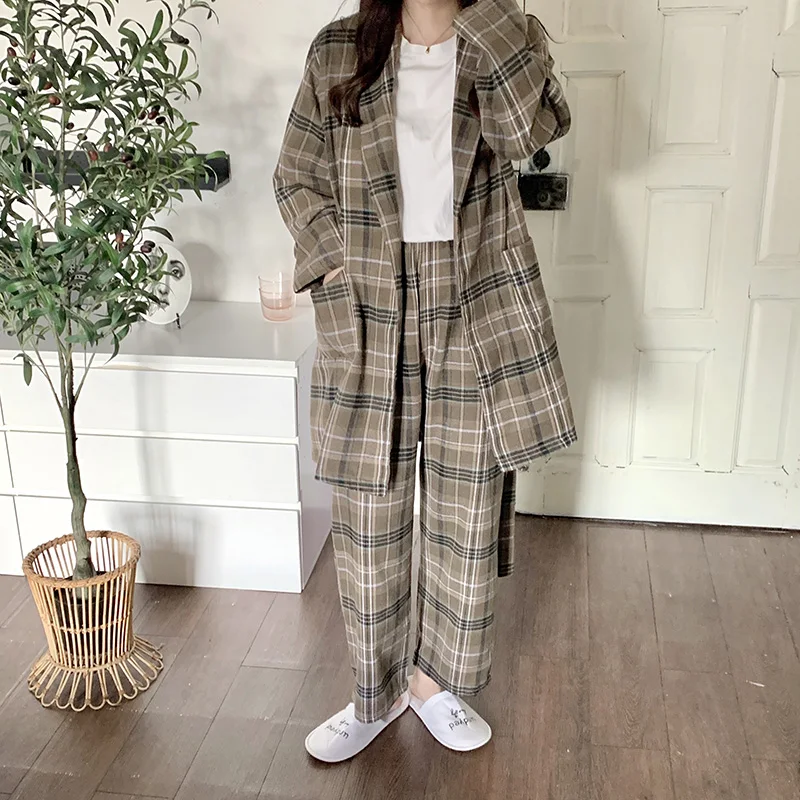 Plaid Print Autumn Two Piece Home Suit Women Couple Lovers Vintage Pajamas Set Cotton Nightgown Suit Elegant Soft Cotton