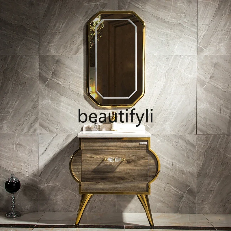 

Neoclassical Hotel Bathroom Cabinet Set with Washbasin and Floor-standing 304 Stainless Steel