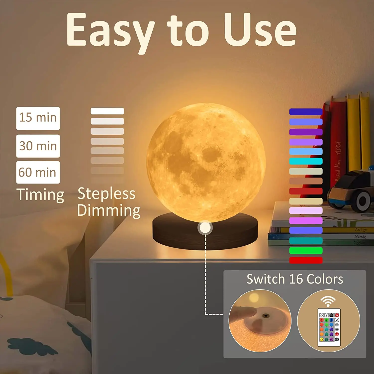 360° Rotation Moon Night Light 3D Atmosphere Bedside Table Lamp Remote Touch Dimming 3 or 16 Colors LED Lights for Kids Gifts