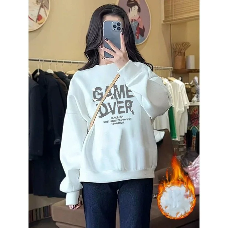 Autumn and Winter Women\'s Crew Neck Long Sleeves Printing Loose Pullovers Korean Hoodies Fashion Casual All Match Tops