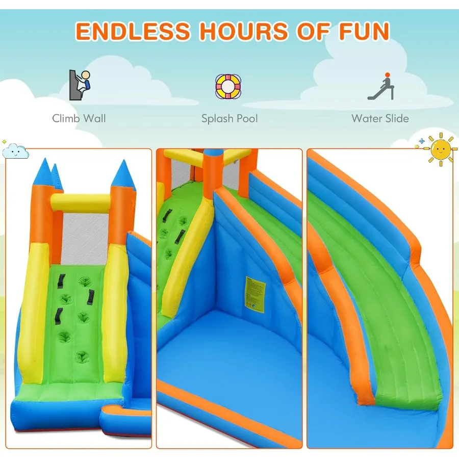 Aufblasbare Hüpfburg für Kinder, aufblasbare Wasserburg mit Rutsche, Kletterwand, Spritzbecken, aufblasbarer Türsteher mit Luftgebläse, Tragetasche B