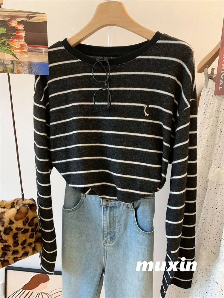 Extra groot 300-Pou geborduurd Penguin Brued herfst winter gestreept los dames lang Sve rond Ne T-shirt casual...