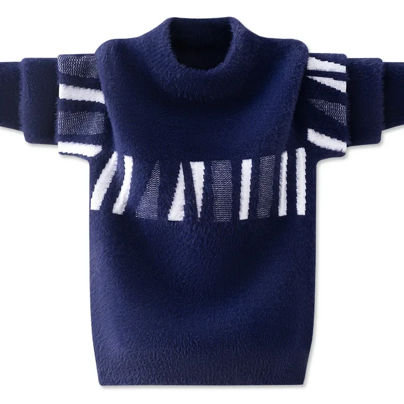 2023 Autumn Winter Thickend Plush Sweater Boys O-Neck Korean Pullover Sweater Fluff Warm Casual Striped Knitwear for Boy 3-12T