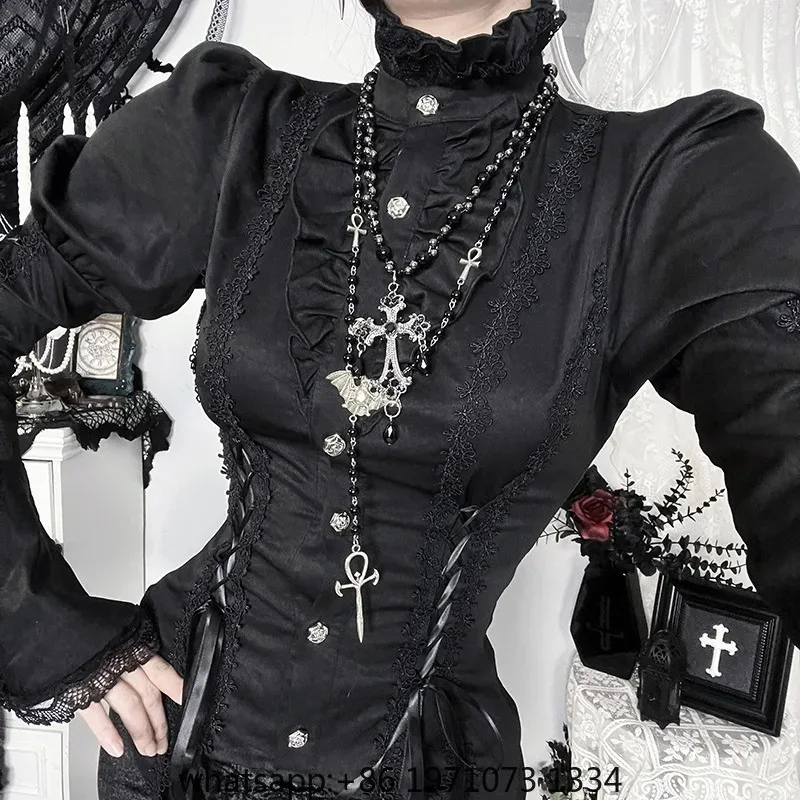 Goth Dark Lolita Lace Trim Gothic Blouse Shirts Mall Goth Single Breasted Flare Sleeve Side Bandage Tops Halloween Cardigans