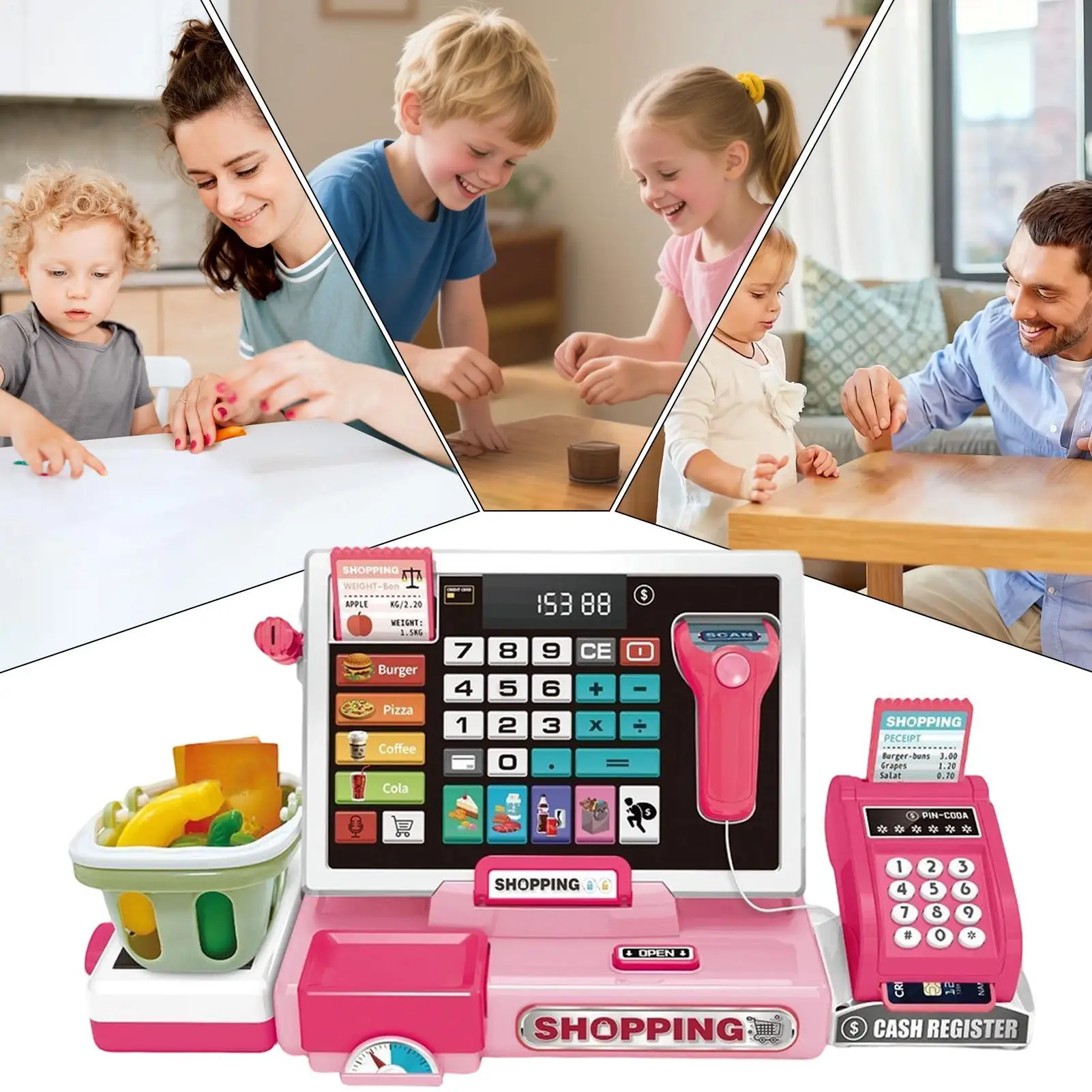 

Cash Register for Kids Machine Toy Shopping Basket with Calculator Function Pretend House Cash Register Toy Children Supermarket