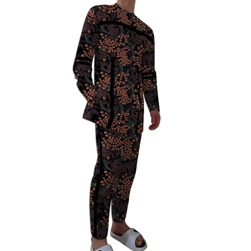 Black Strips Men\'s Set Original Design Patchwork Tops+Trousers African Print Tailor Made Dance Party Suit