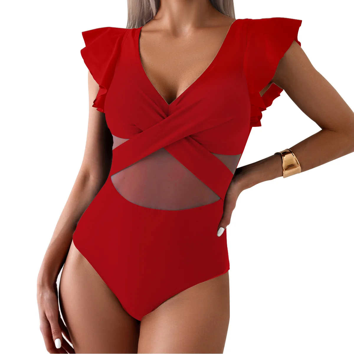 Bañador unicolor de una pieza para mujer, Monokinis con volantes y cuello en V profundo, novedad de verano 20224, traje de baño de retazos de malla para playa, traje de baño para mujer
