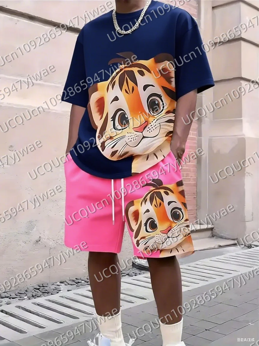 

Summer Men's Cartoon Tiger Print Short Sleeve T-Shirt & Shorts Set Round Neck Gradient Short Sleeved Women's T-shirt Shorts Set