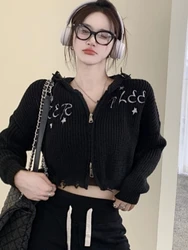 Deeptown Vintage Y2K Cropped Cardigan Women Harajuku Kpop Hollow Out Knitted Sweater Korean Fashion Zipper Knitwear Tops Grunge