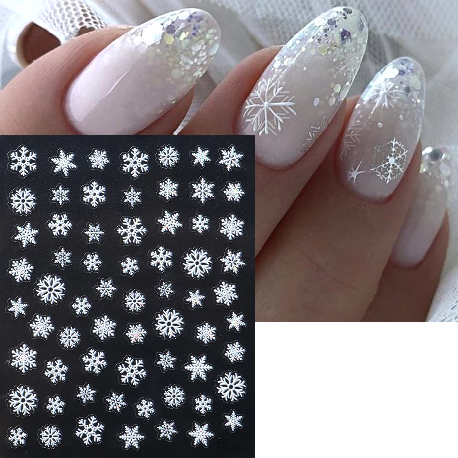 2 uds. De pegatinas para decoración de uñas con purpurina de copo de nieve blanco, calcomanías para uñas nevadas de Navidad e invierno, pegatina 3D, decoraciones artísticas para uñas de Navidad, manicura