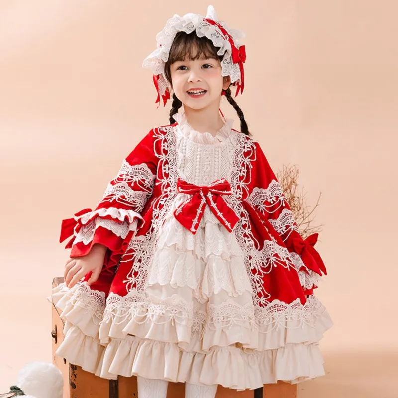 Design lace  bow 2025 New Red New Lolita Lolita Long sleeved multi-layer Princess Dress