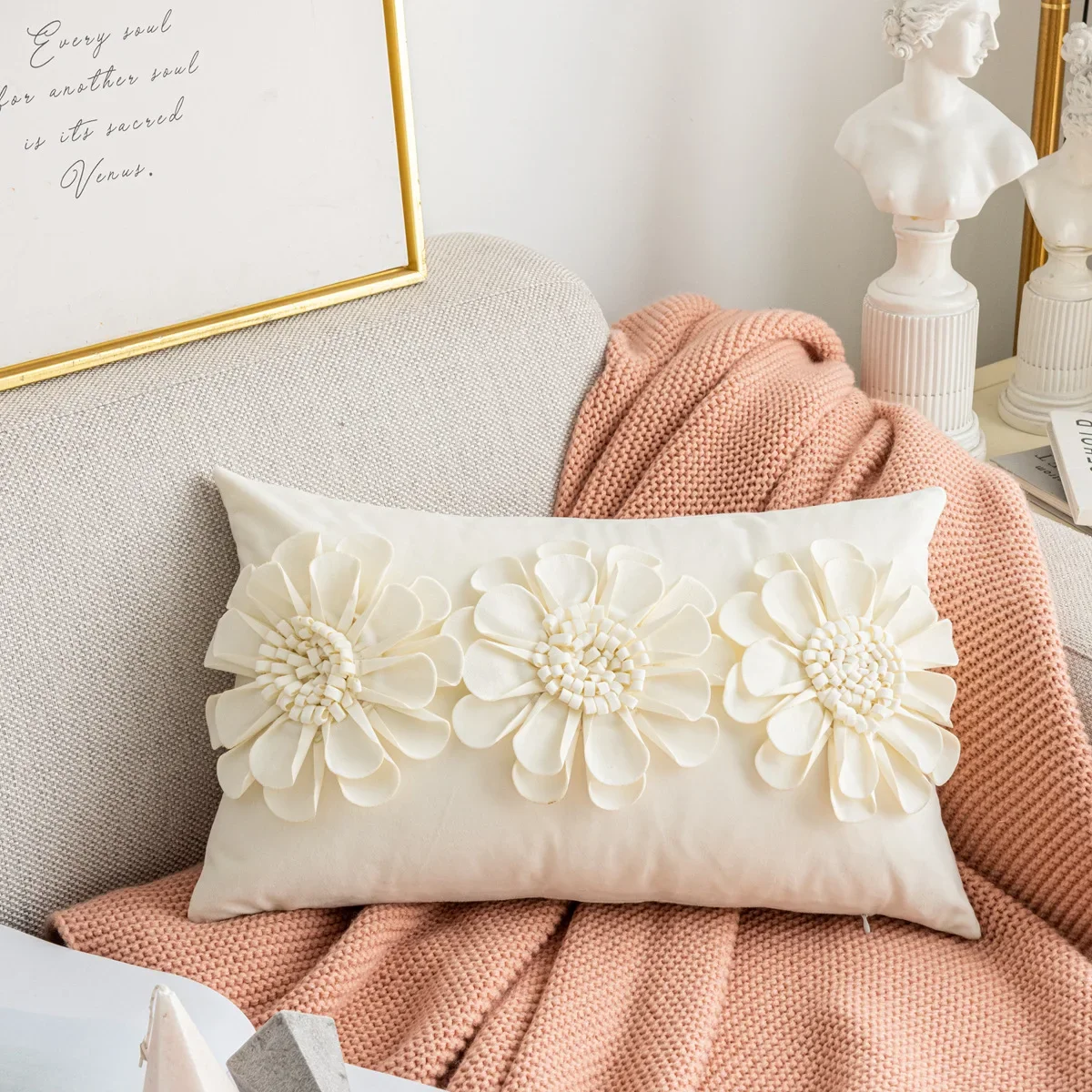 New 3D Chrysanthemum Cushion Cover 30X50CM Pink Yellow Cyan White Velvet Throw Pillows Cover Sofa Waist Home Decor Cushion Case