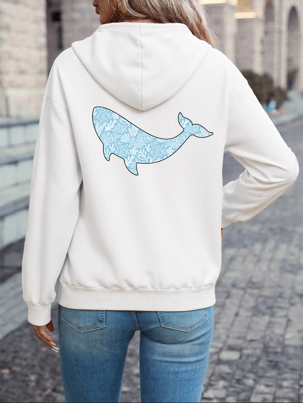 سويت شيرت نسائي بقلنسوة من القطن بتصميم الحوت المستوحى من المحيط مثالي للخريف والشتاء للنزهات اليومية وعشاق الطبيعة #1