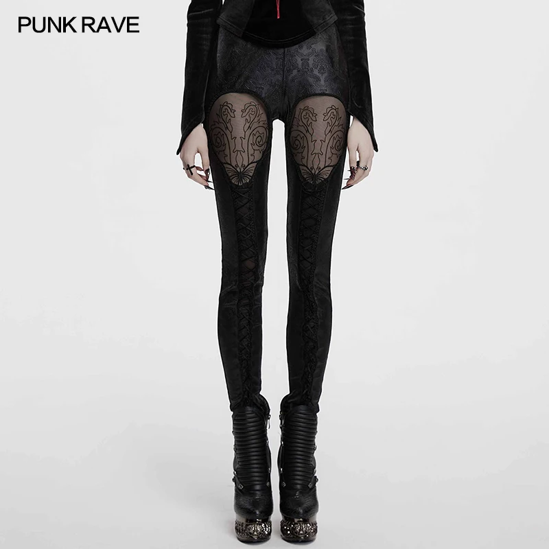 

PUNK RAVE Women's Gothic Artistic Butterfly Pattern Sexy Hollowed Leggings Retro Embossed Drawstrings Slim Dark Trousers