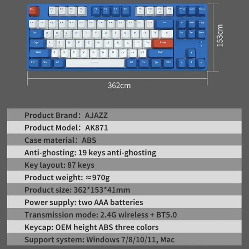Imagem -06 - Ajazz-teclado Mecânico sem Fio Hot-swappable Dual-mode Bateria de Longa Duração pc Office 87 Chaves Win Max Acessórios para Laptop Ak871